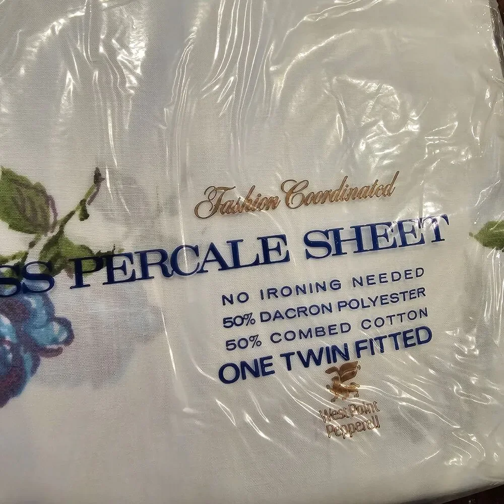 MARTEX Luxor blue rose vintage twin flat fitted sheet set floral percale NOS